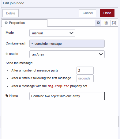 Screenshot displaying the join node combining the income and expense object into the "Screenshot displaying the join node combining the income and expense object into the array"