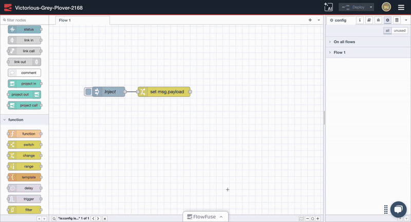 FlowFuse AI Assistant generating test JSON data with multiple machine records including production counts and efficiency metrics