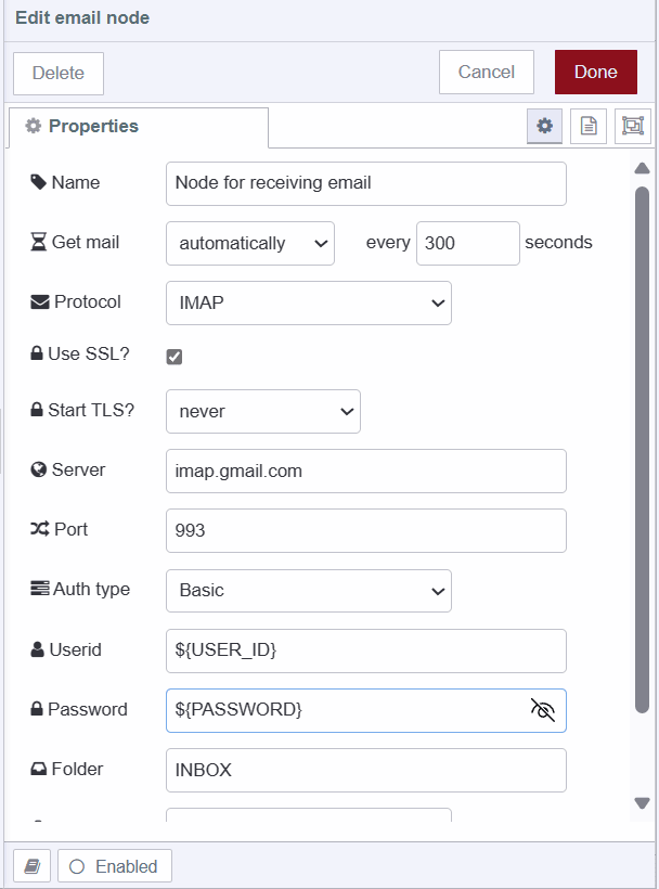 Screenshot displaying configuration of e-mail in node for sending emails "Screenshot displaying configuration of e-mail in node for sending emails"
